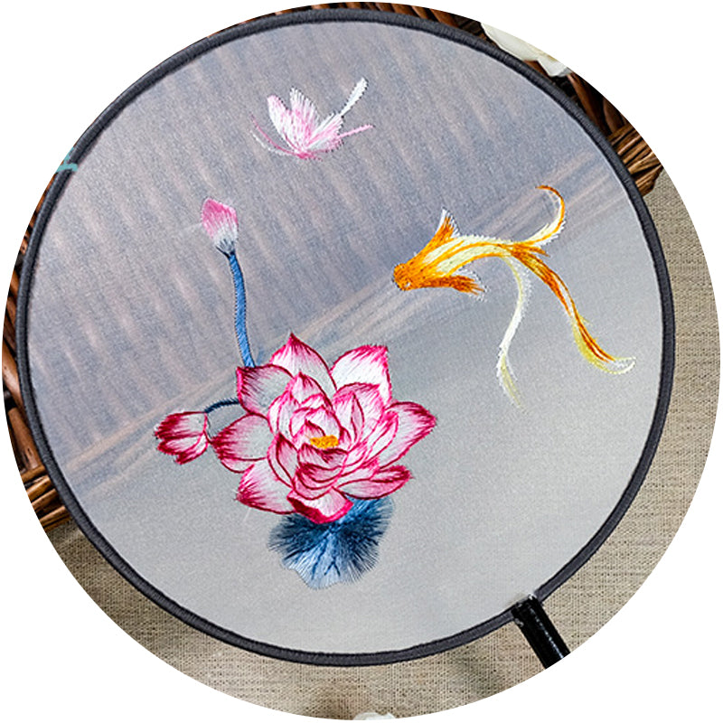 Fish, butterfly and flower embroidery round hand fan