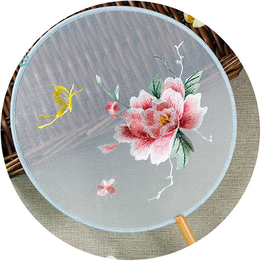 Peony pink butterfly embroidery round hand fan