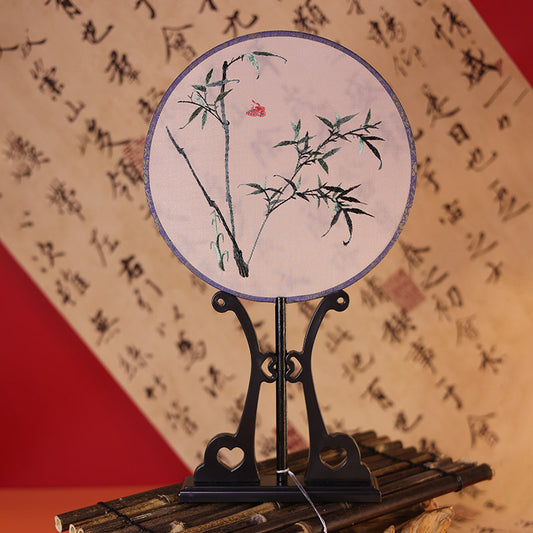 Handheld blue bamboo round embroidered fan