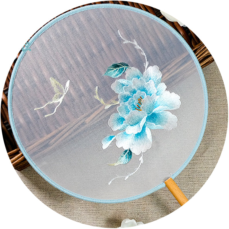 Round hand fan with peony and butterfly embroidery