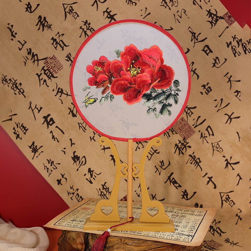 Rose embroidered round hand fan