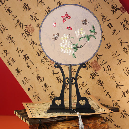 Handheld pink hydrangea round embroidered fan