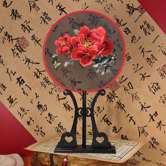 Rose embroidered round hand fan