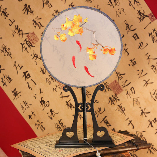 Hand-held circular fan with embroidered ginkgo flowers and fish