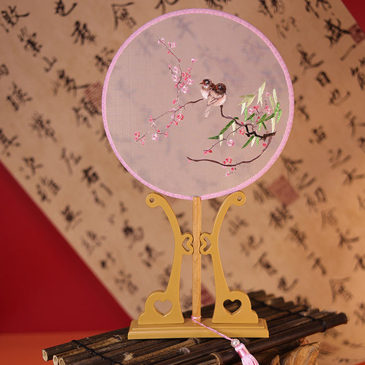 Hand-held circular fan with bird and plum blossom embroidery