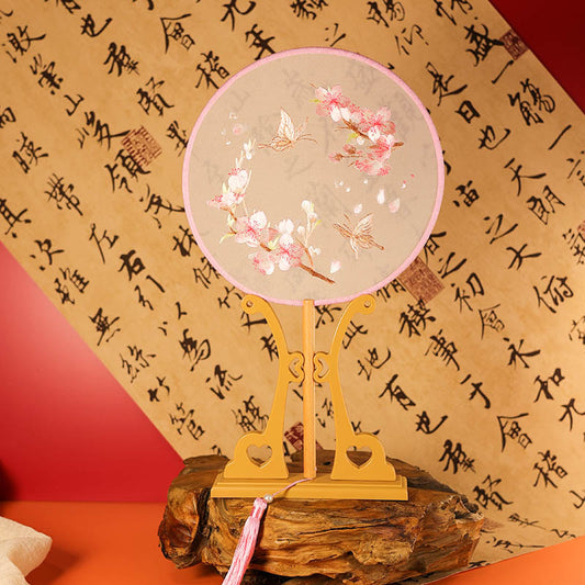 Handheld Peach Blossom and Butterfly Circular Embroidered Fan