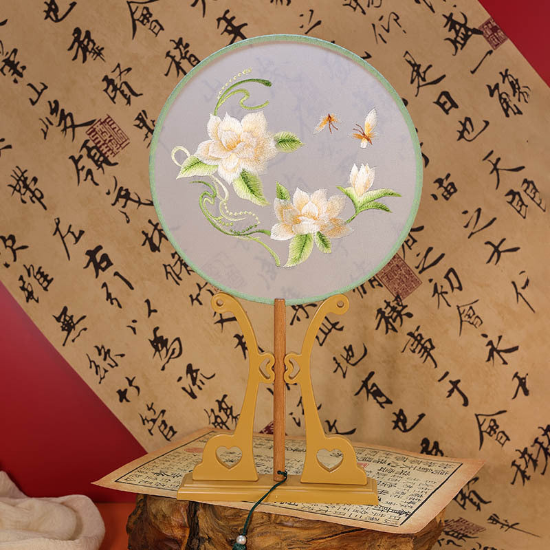 Handheld green jasmine round embroidered fan