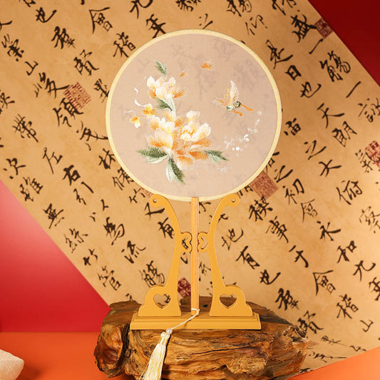 Handheld golden peony round embroidered fan