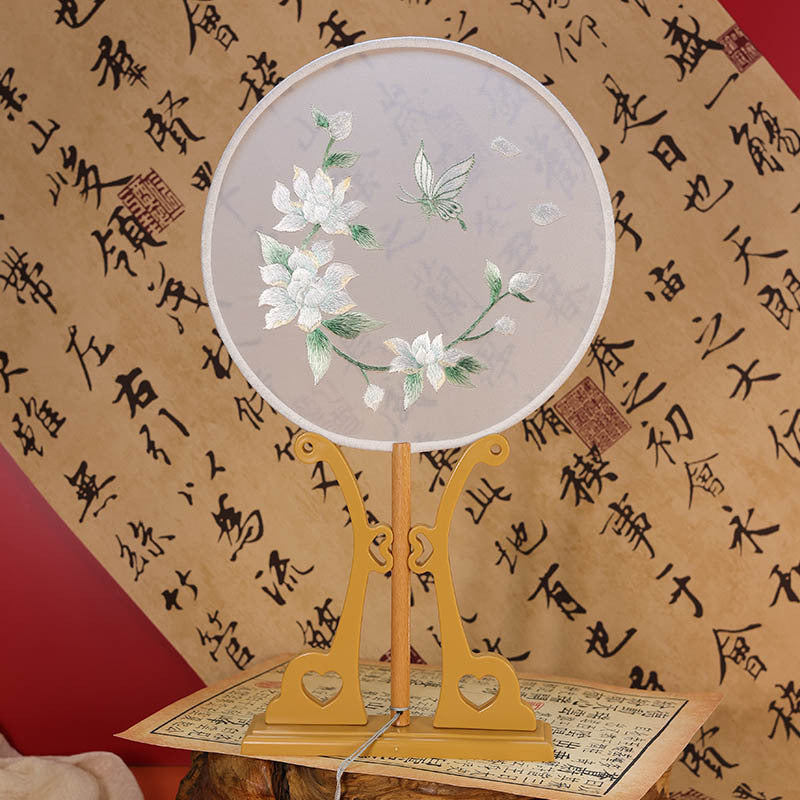 Handheld Iris japonica round embroidered fan