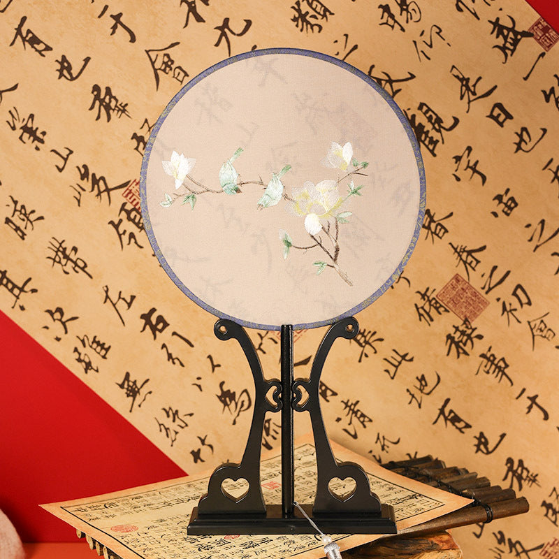 Handheld Two Birds Circular Embroidery Blue Frame Fan