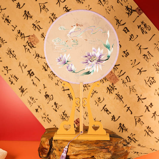 Handheld purple lotus and deer embroidered circular fan