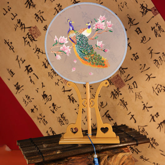 Handheld Peacock Circular Embroidery Blue Frame Fan