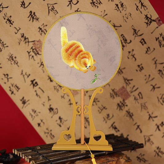 Handheld Gold Cat Circular Embroidered Gold Frame Fan