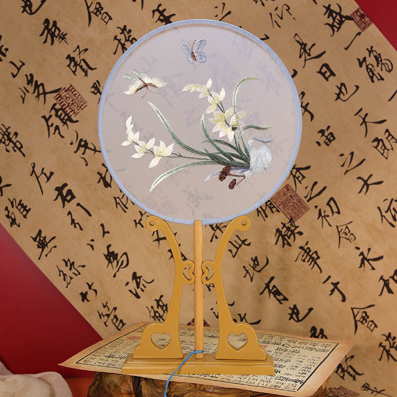 Handheld orchid and butterfly circular embroidered blue border fan