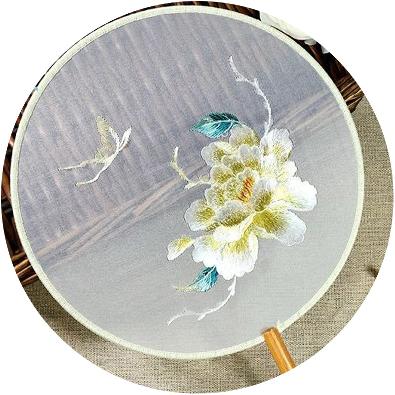 Round hand fan with peony and butterfly embroidery