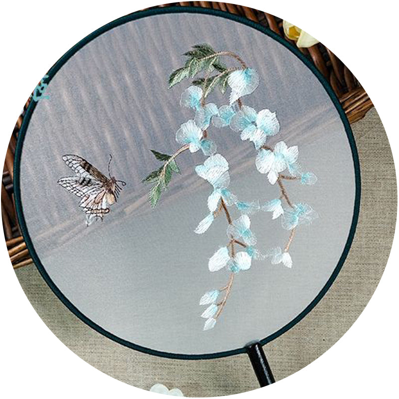 White Jade Vine Flower Butterfly Embroidery Round Hand Fan