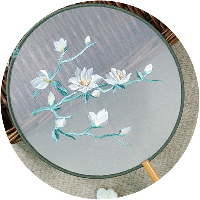 White Magnolia Embroidery Round Hand Fan