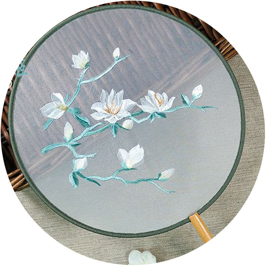 White Magnolia Embroidery Round Hand Fan