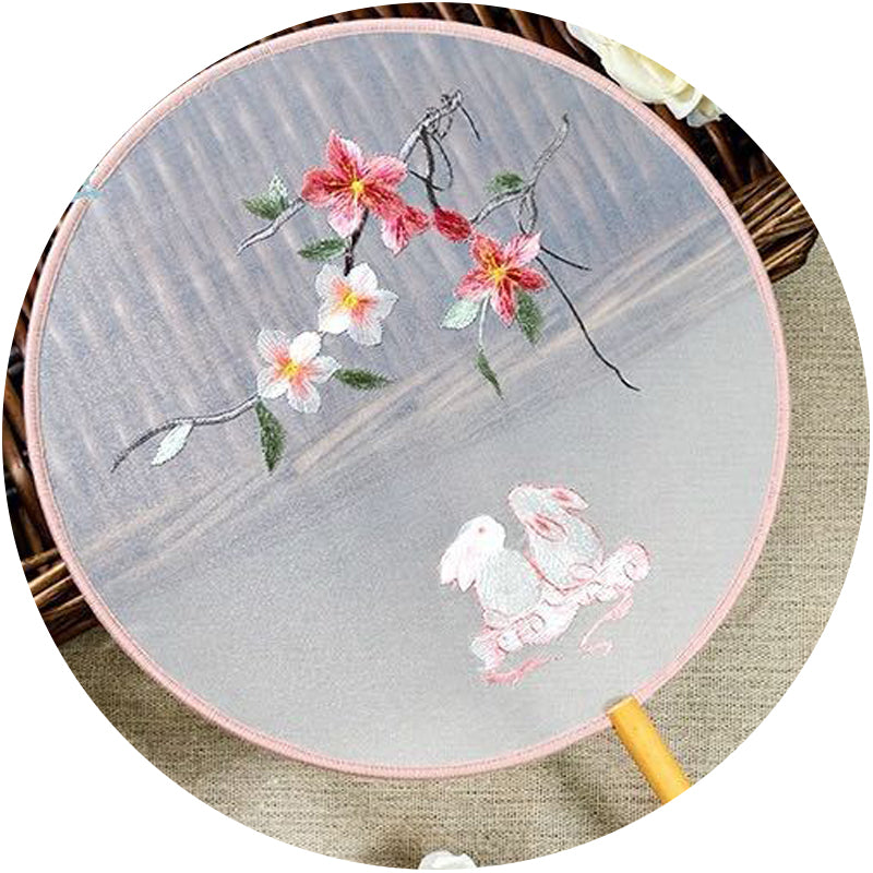 Two rabbits and flowers embroidered round hand fan