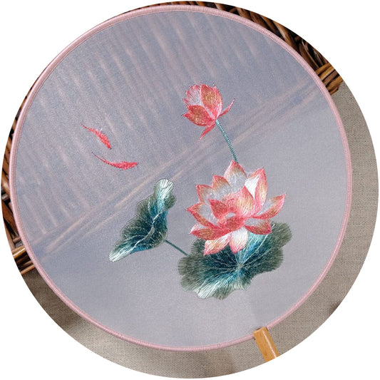 Round hand fan with two fish and lotus embroidery