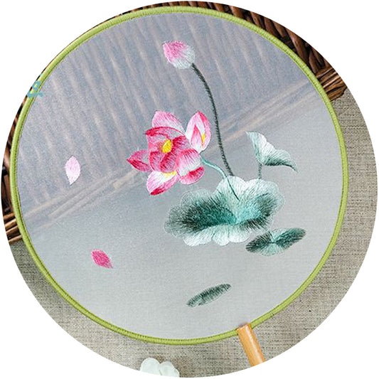 Lotus flower embroidery round hand fan